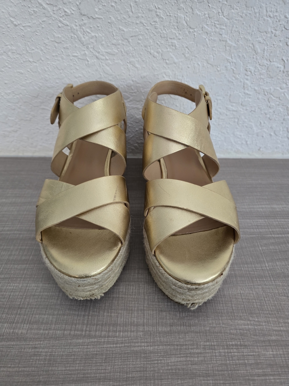 Joie Metallic Gold Leather Espadrille Wedge Sandals Strappy Platform Size 38.5